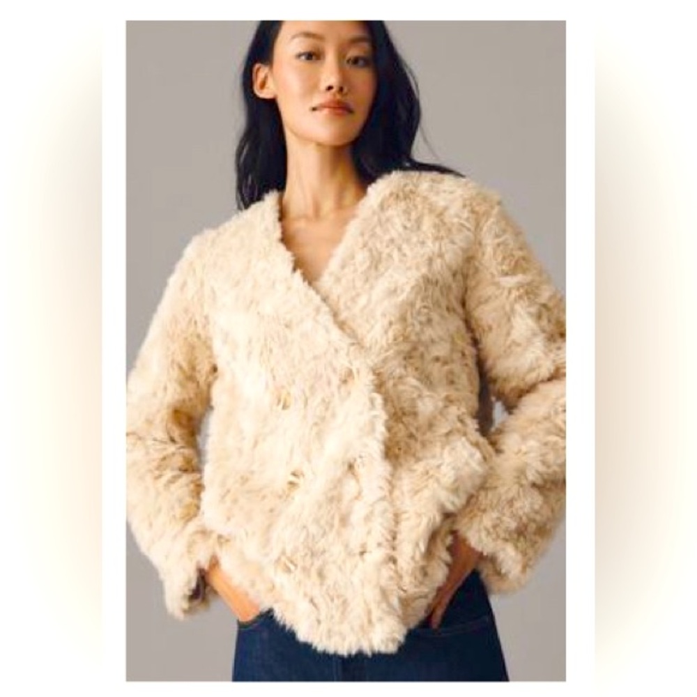 Anthropologie Maeve Faux Fur Collarless Double Breasted Jacket
